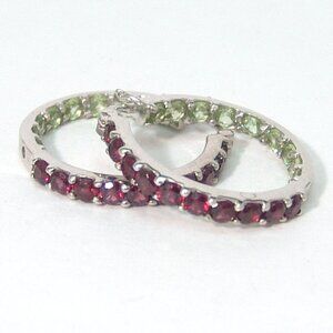 Sterling Silver Rhodolite Garnet Peridot Hoop Earrings 1" Rhodium Anti Tarnish